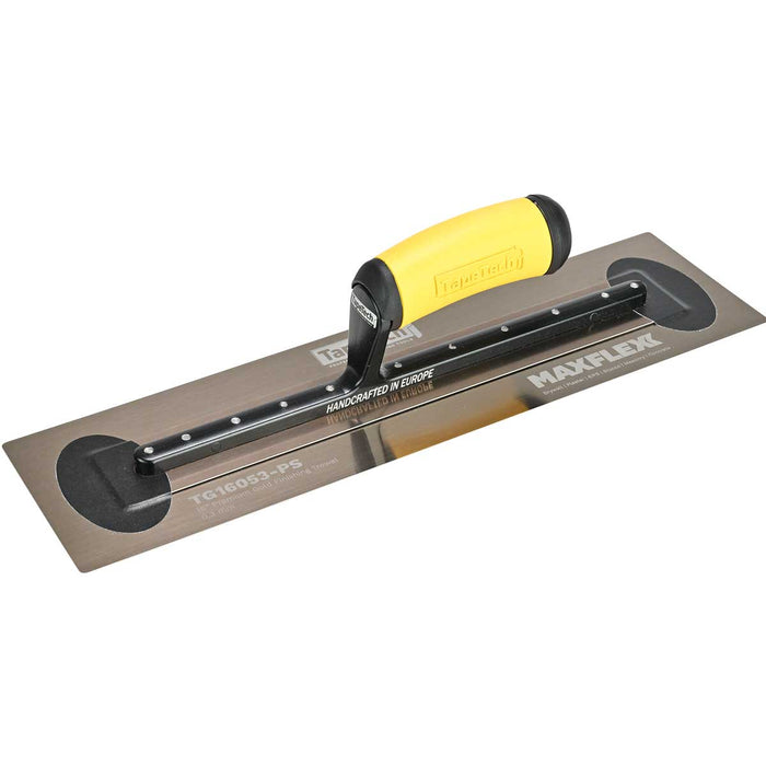 18-inch TapeTech Gold Stainless Steel MAXFLEXX Finishing Trowel with flexible blade and yellow ergonomic handle