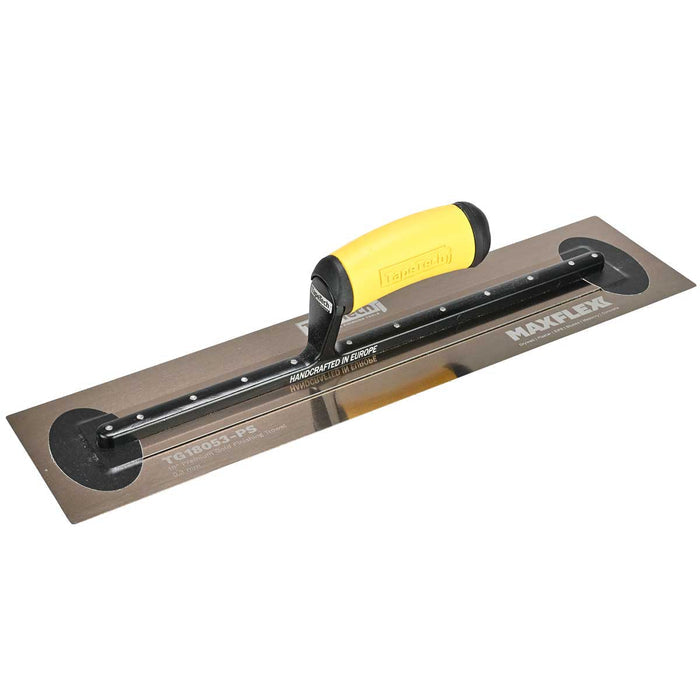18-inch TapeTech Gold Stainless Steel MAXFLEXX Finishing Trowel with flexible blade and yellow ergonomic handle