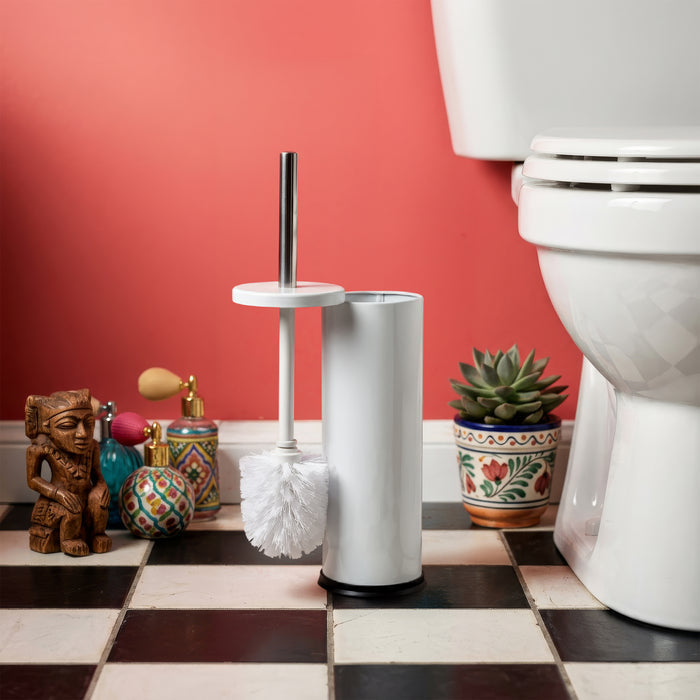 White Round Stainless Steel Toilet Brush & Holder